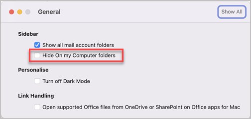 Outlook for Mac General settings with Hide On My Computer folders checkbox