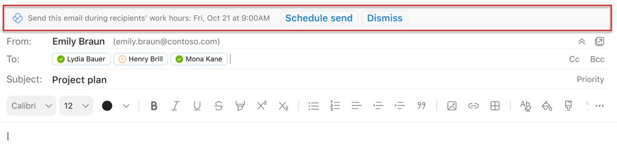 Outlook for Mac compose window showing a Schedule send suggestion banner