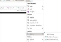 Outlook message window Actions submenu showing Recall This Message command