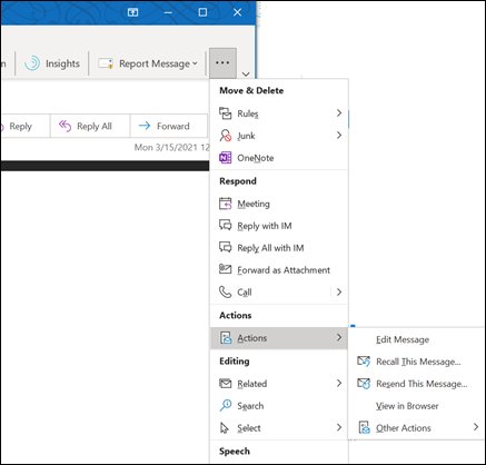 Outlook message window Actions submenu showing Recall This Message command
