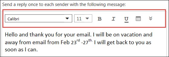 Outlook on the web automatic replies message box with sample vacation text