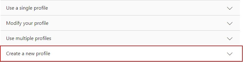 Outlook profile support page listing Create a new profile option