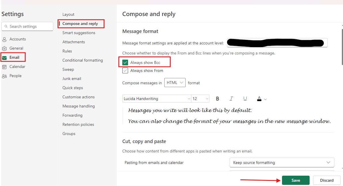 Outlook web settings with Always show Bcc checkbox checked