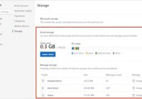 Outlook.com storage settings page showing shared Microsoft account usage