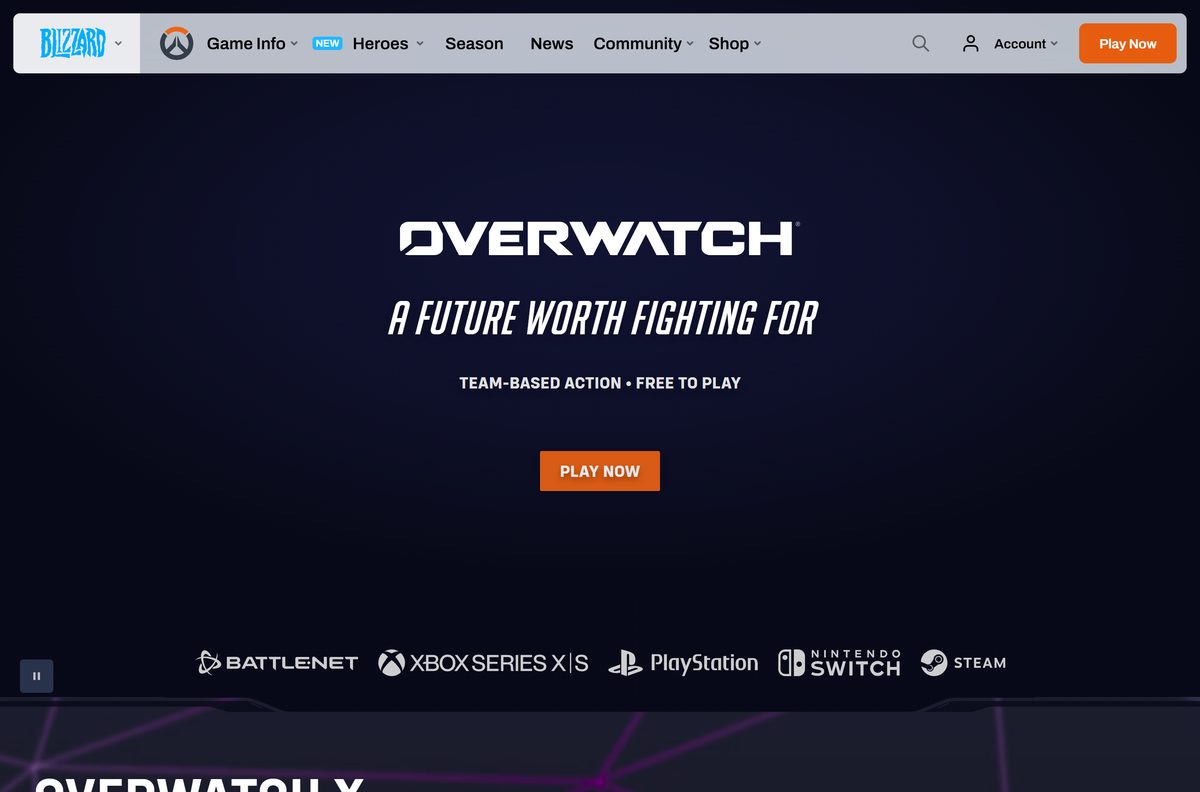 Blizzard's official Overwatch site with its free-to-play banner