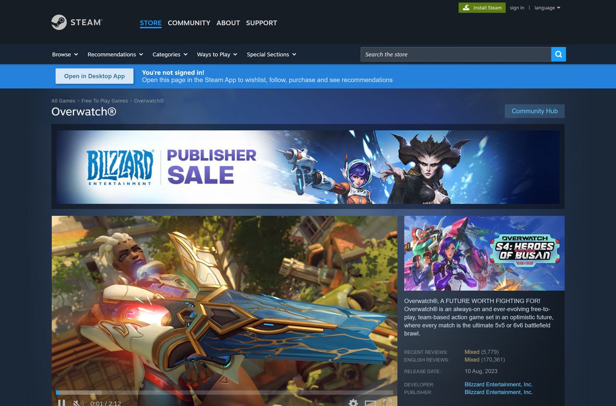 Steam store page for Overwatch with its Play Game button