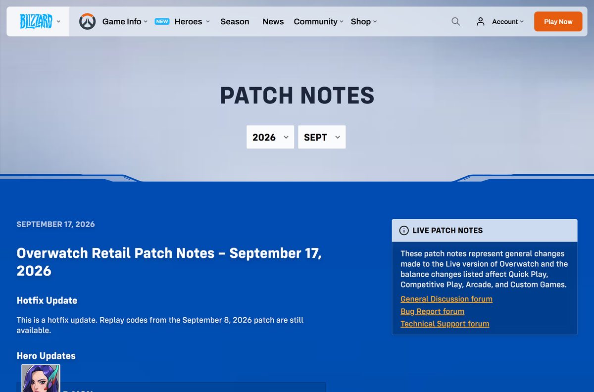 Overwatch retail patch notes listed by release date