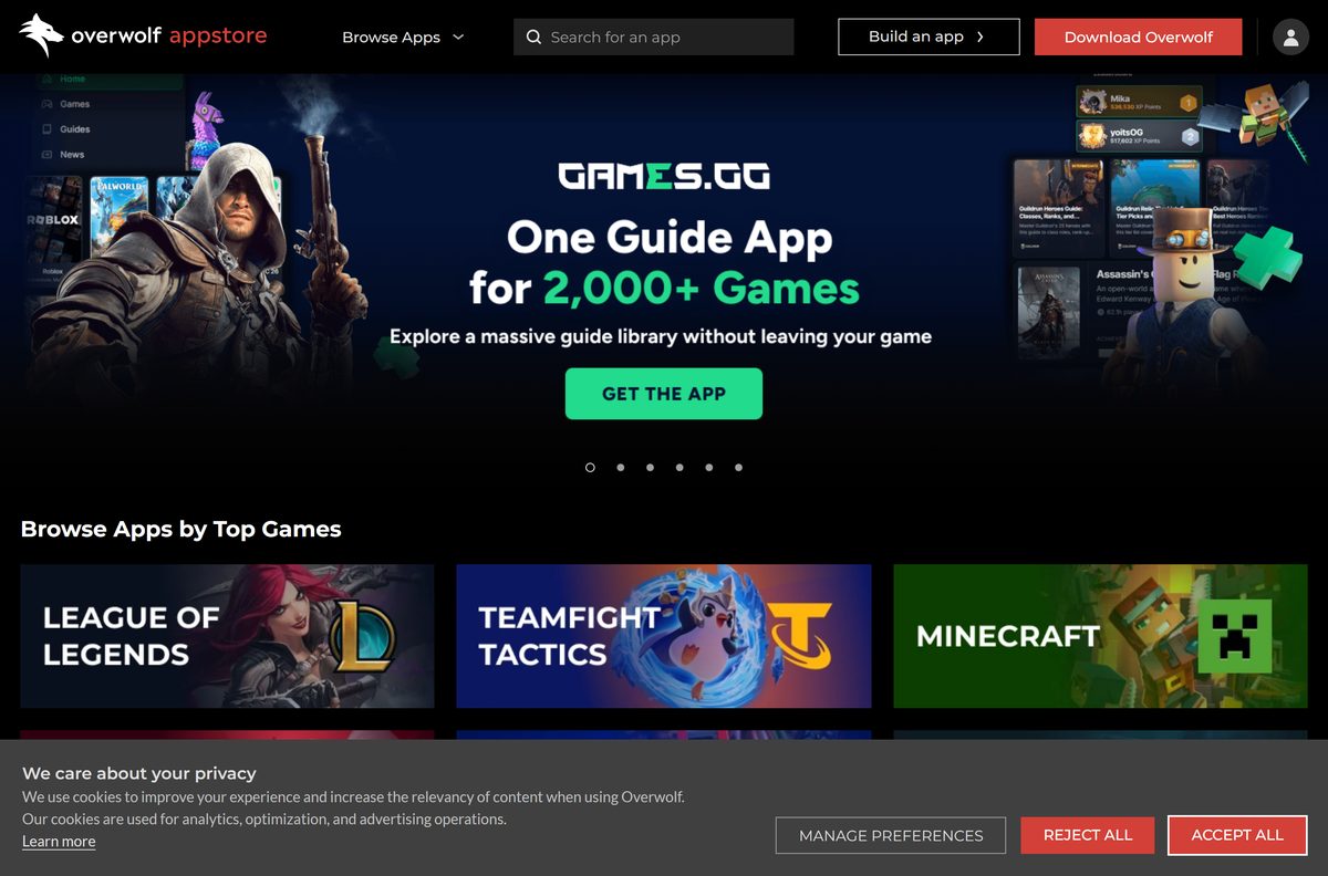 Overwolf Appstore home page with featured game apps and categories