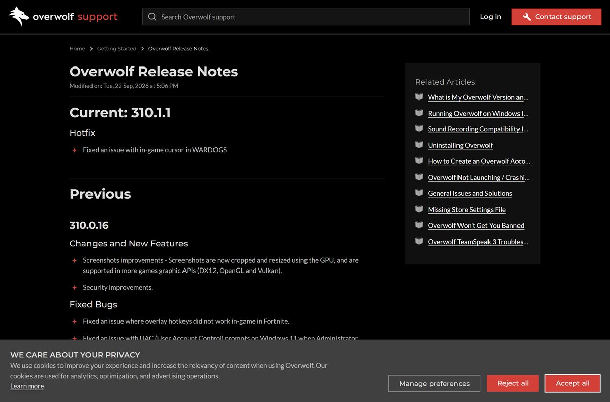 Overwolf release notes page listing the current client build