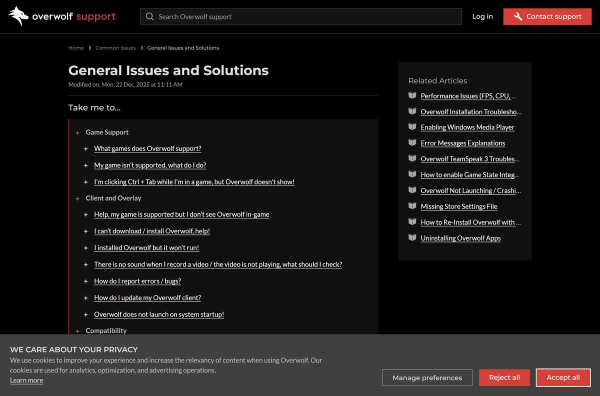 Overwolf support page listing minimum requirements and macOS support