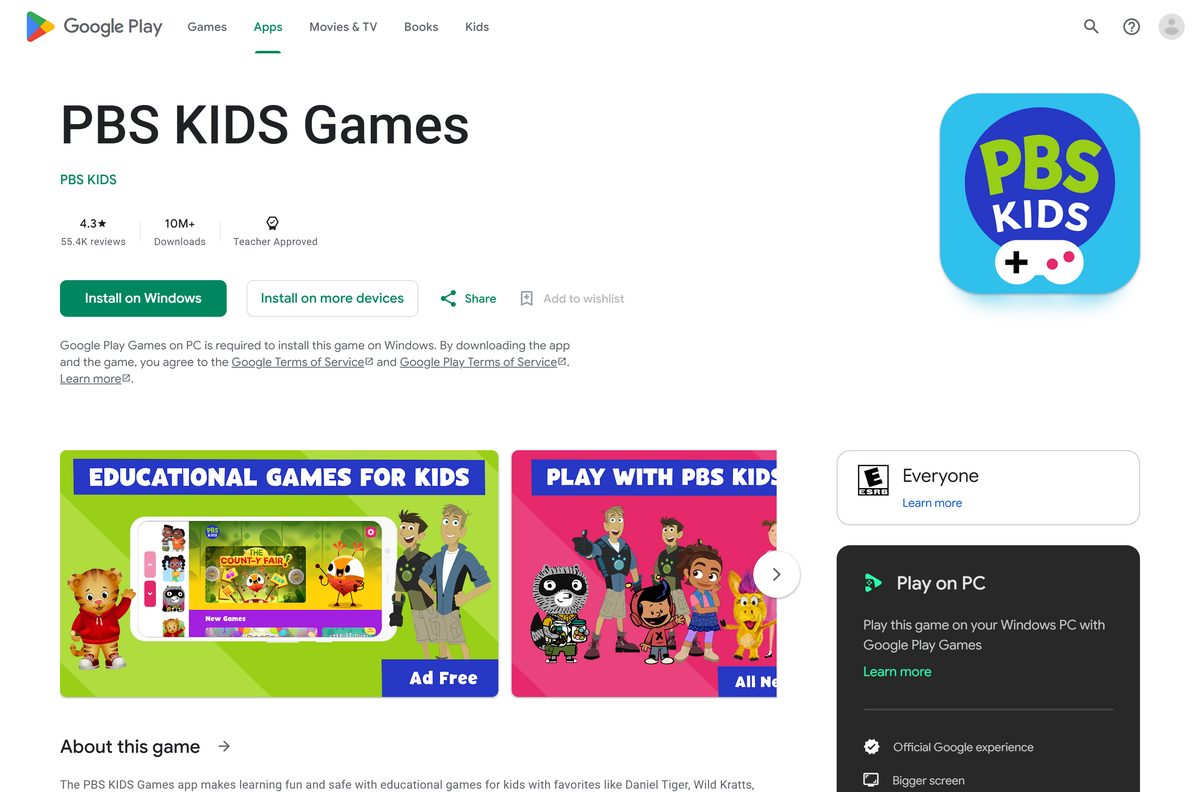 Google Play listing for PBS KIDS Games with its Install on Windows button
