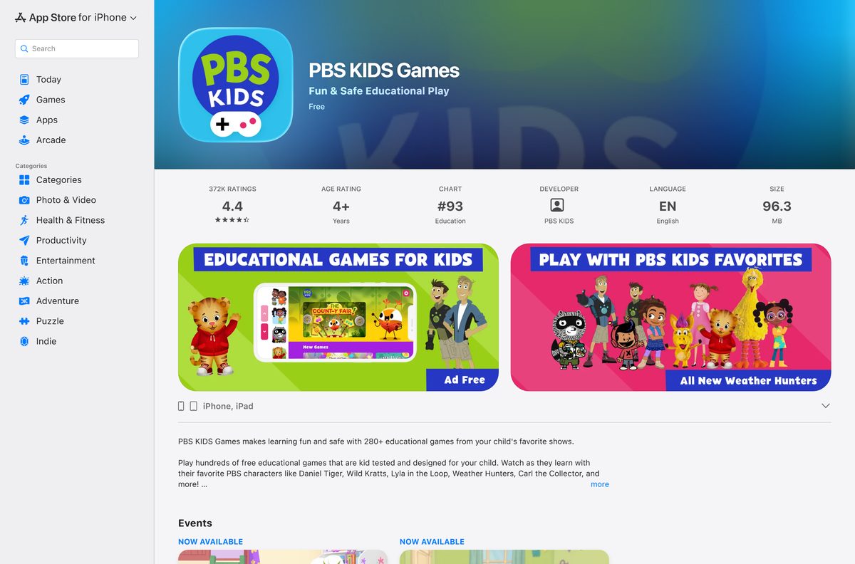 App Store page for PBS KIDS Games with its size and rating
