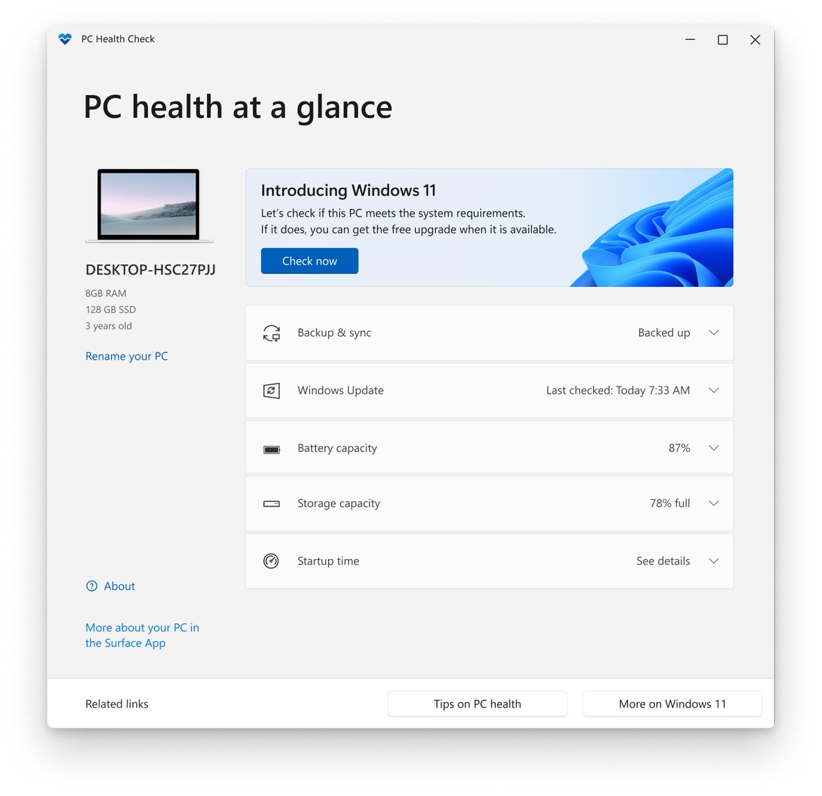 PC Health Check app window with a Check now button for Windows 11