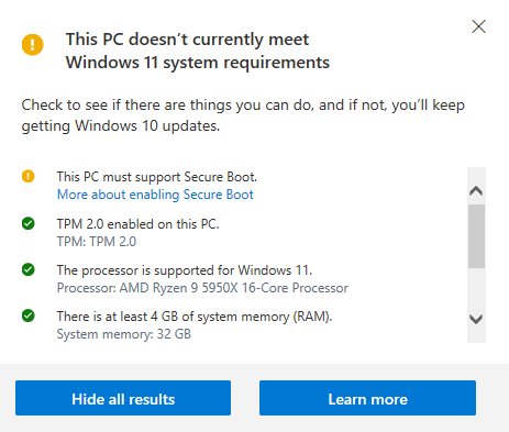 PC Health Check results listing Secure Boot, TPM 2.0, processor and memory checks