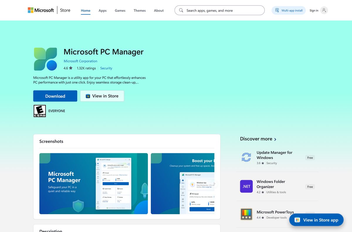 Microsoft Store listing for PC Manager with its free price and rating