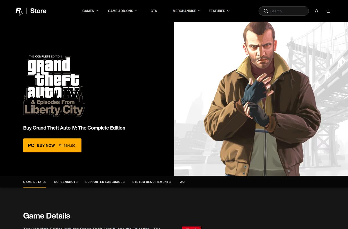 Minimum PC requirements table on the Rockstar Store page for GTA IV