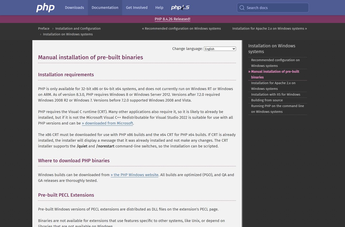 PHP manual page listing Windows requirements and build types