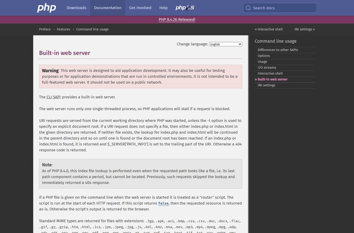 PHP manual page for the built-in development web server