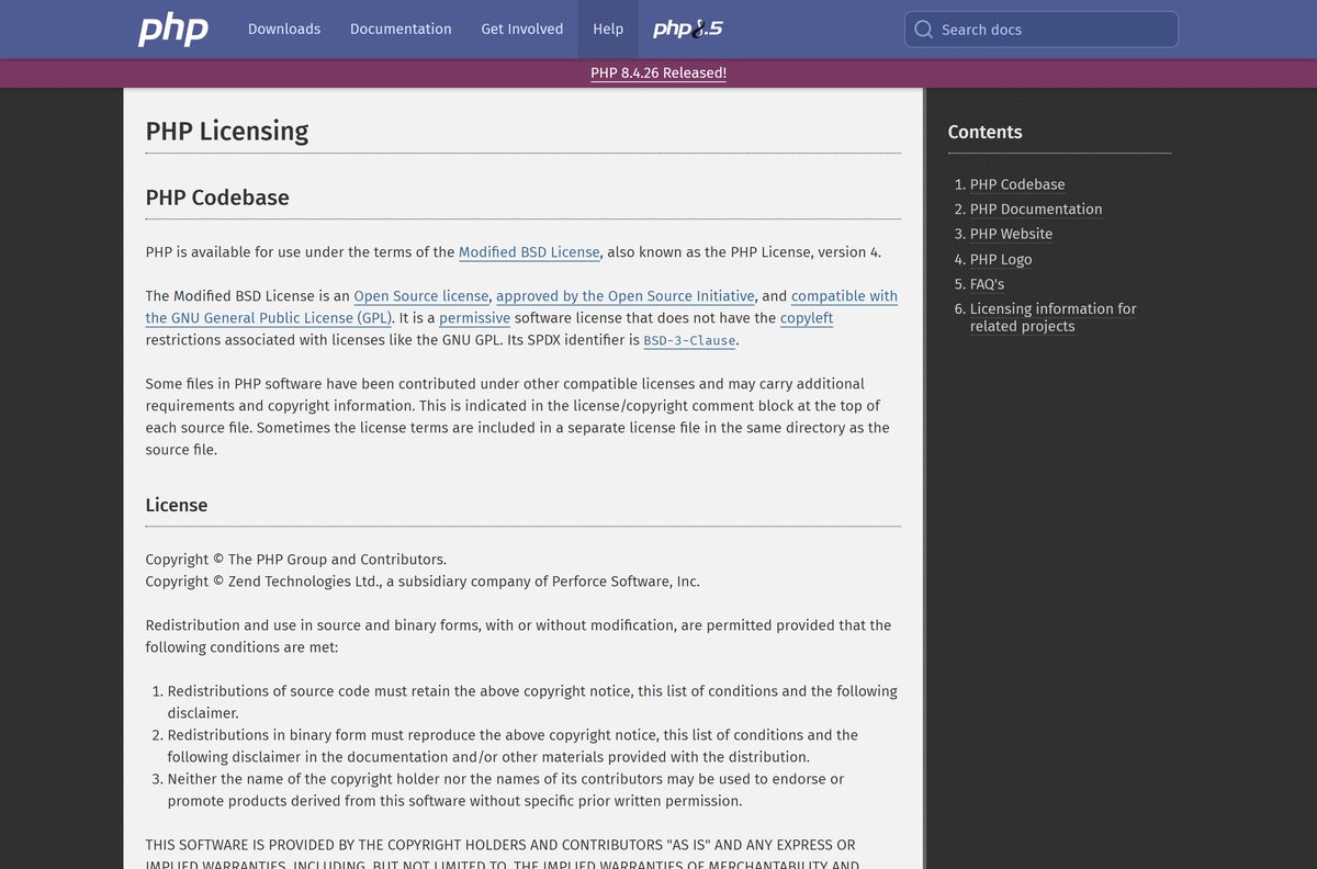PHP licensing page describing the Modified BSD License