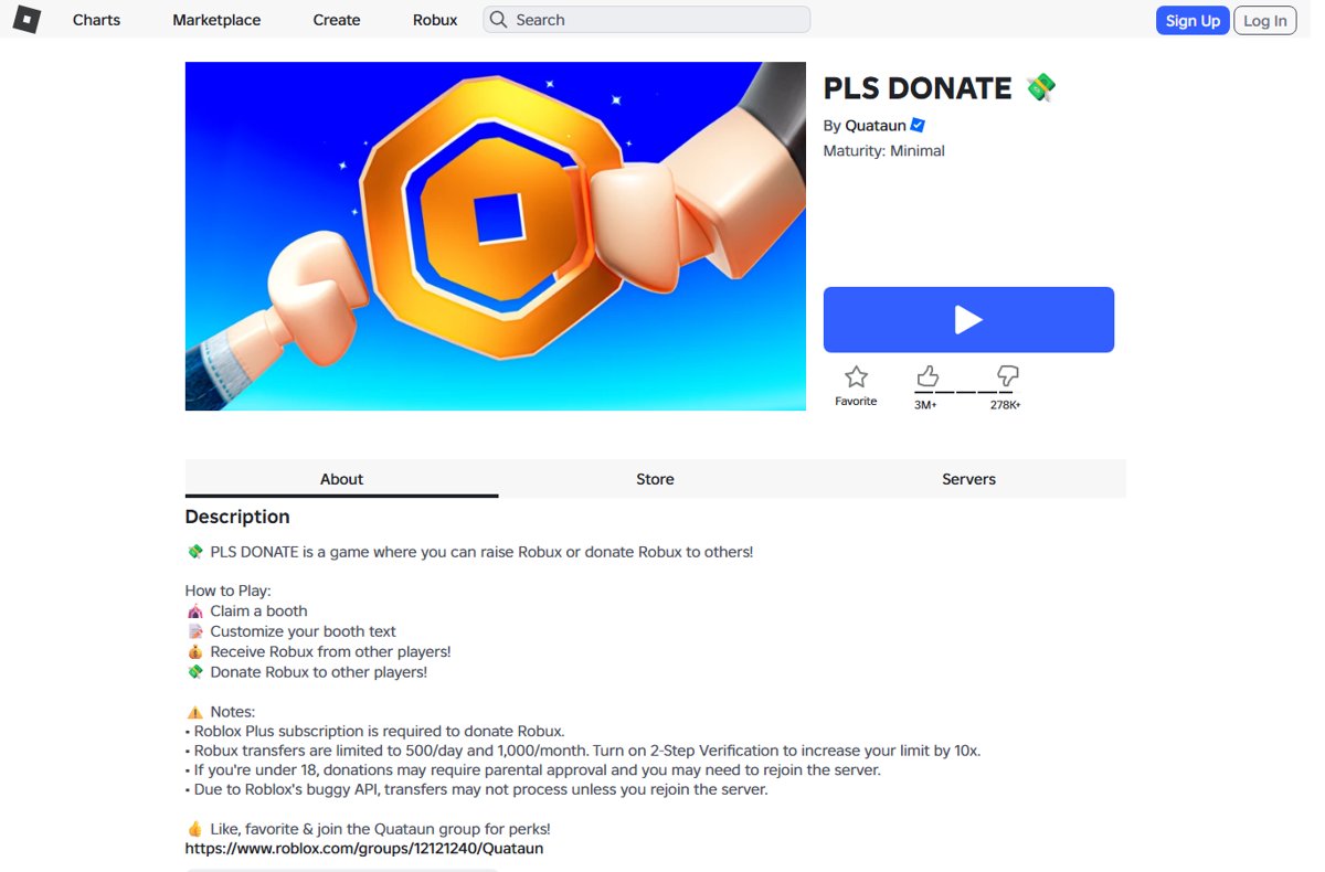 PLS DONATE game page on Roblox with the Play button