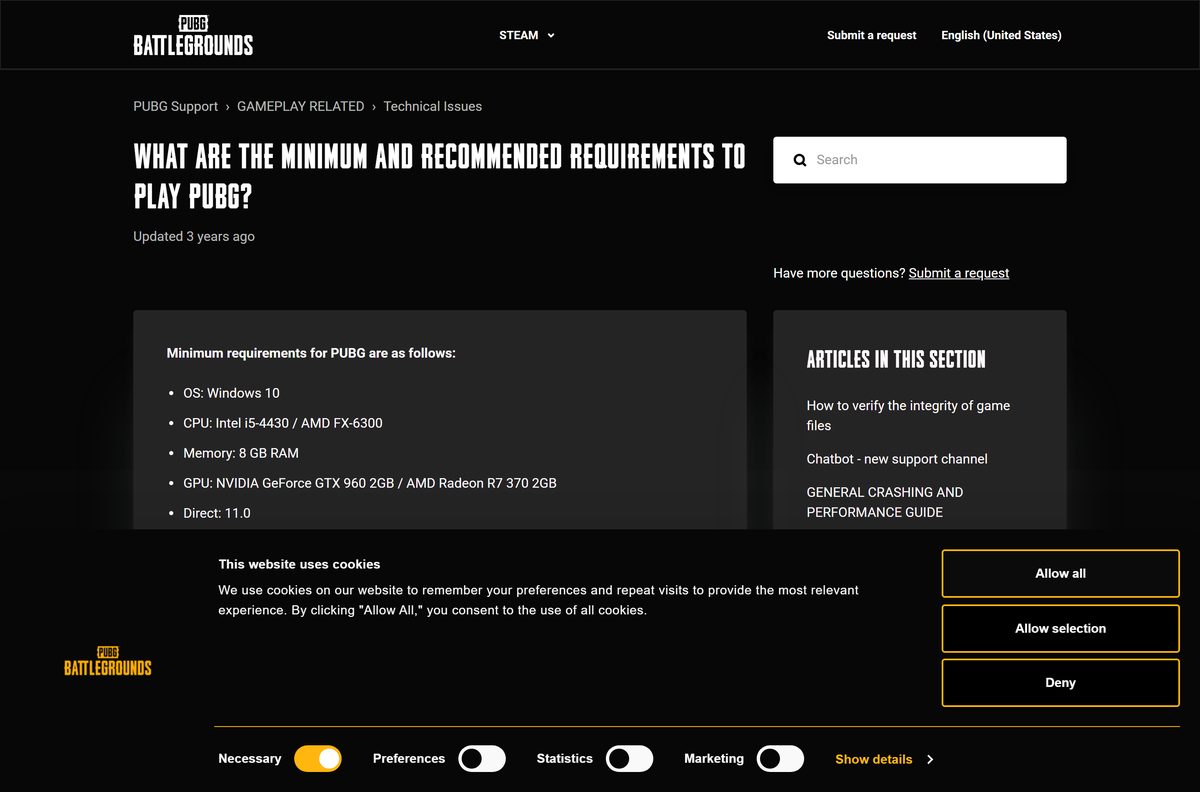 Support article listing PUBG: Battlegrounds minimum and recommended PC specs