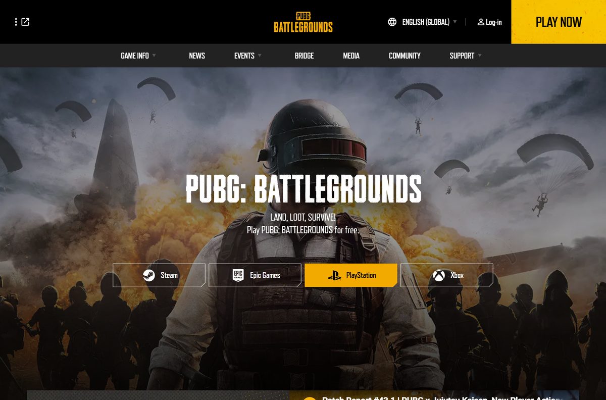 Official PUBG: Battlegrounds site with Steam, Epic, PlayStation and Xbox buttons
