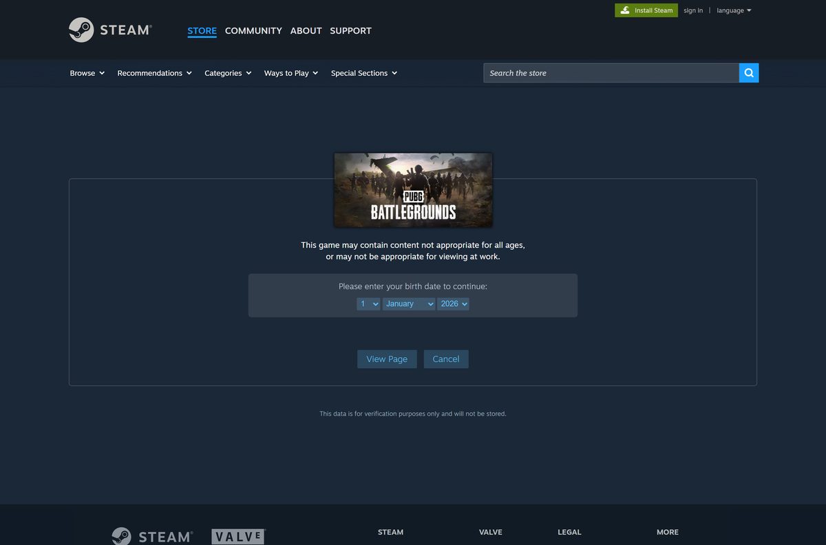 Steam store page for PUBG: Battlegrounds with its free-to-play button