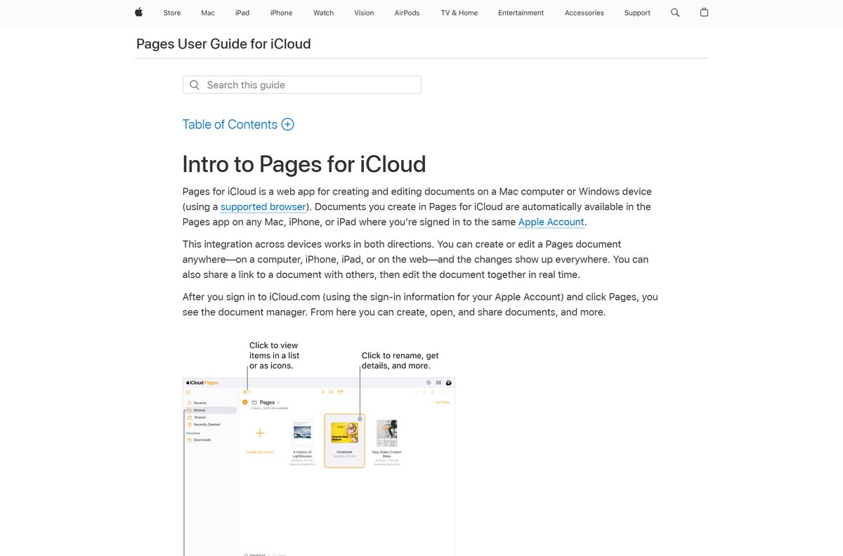 Apple guide page introducing the iCloud web version of Pages