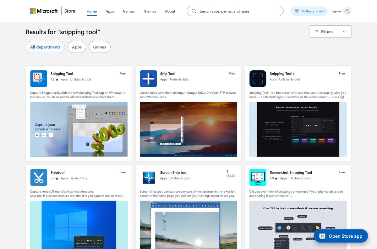 Store search results mixing Microsoft's free app with paid third-party ones
