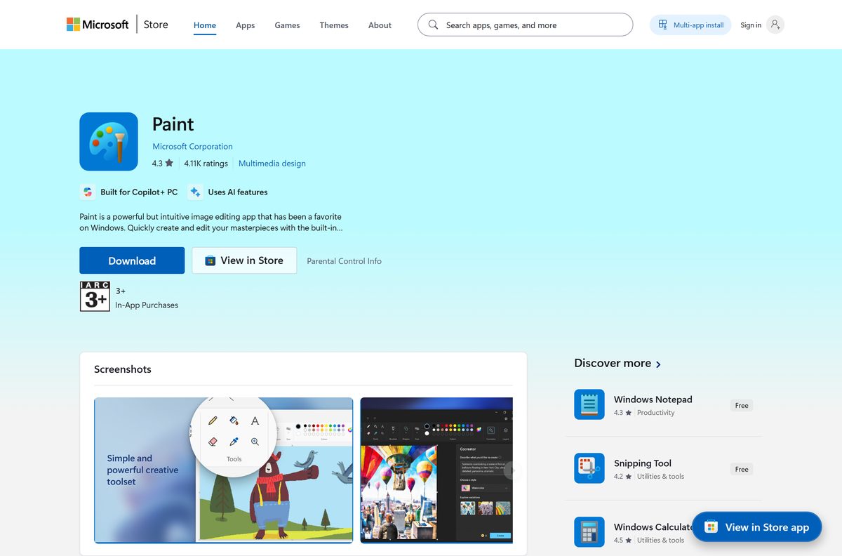 Microsoft Store listing for Paint with its rating and Get button