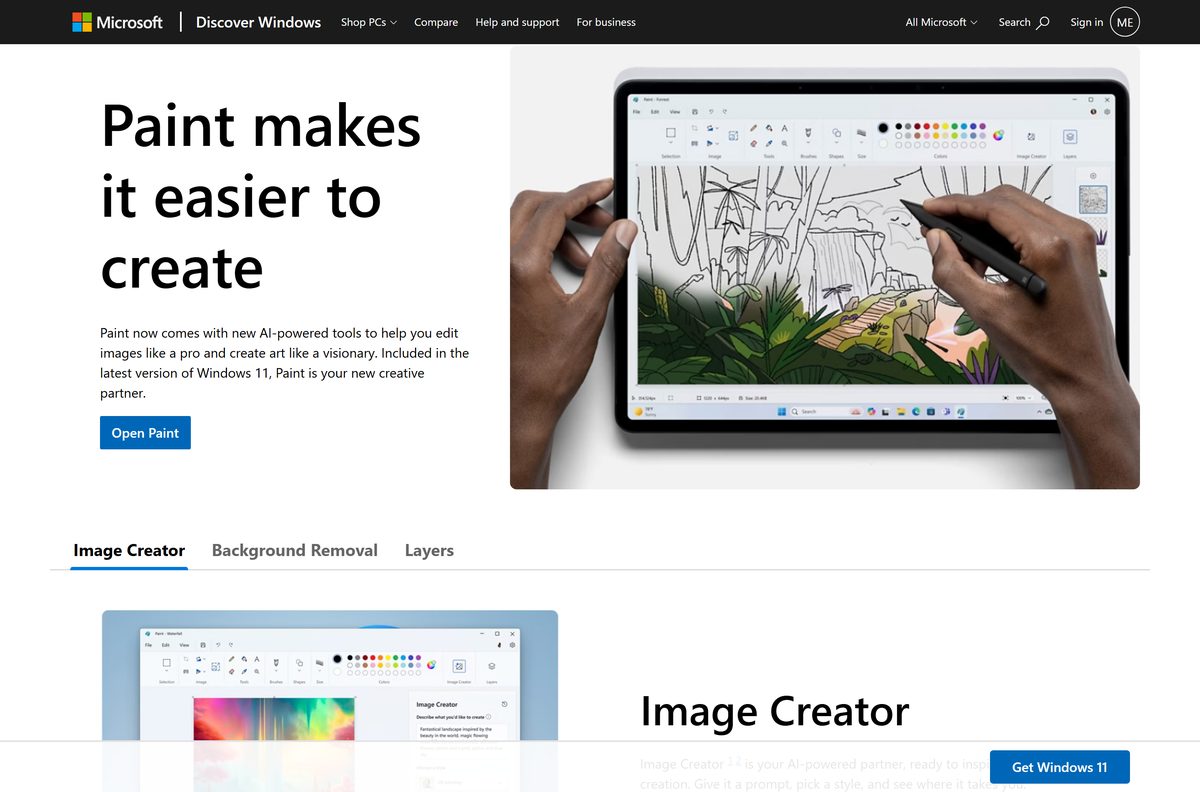 Microsoft page describing Paint features and how to open it