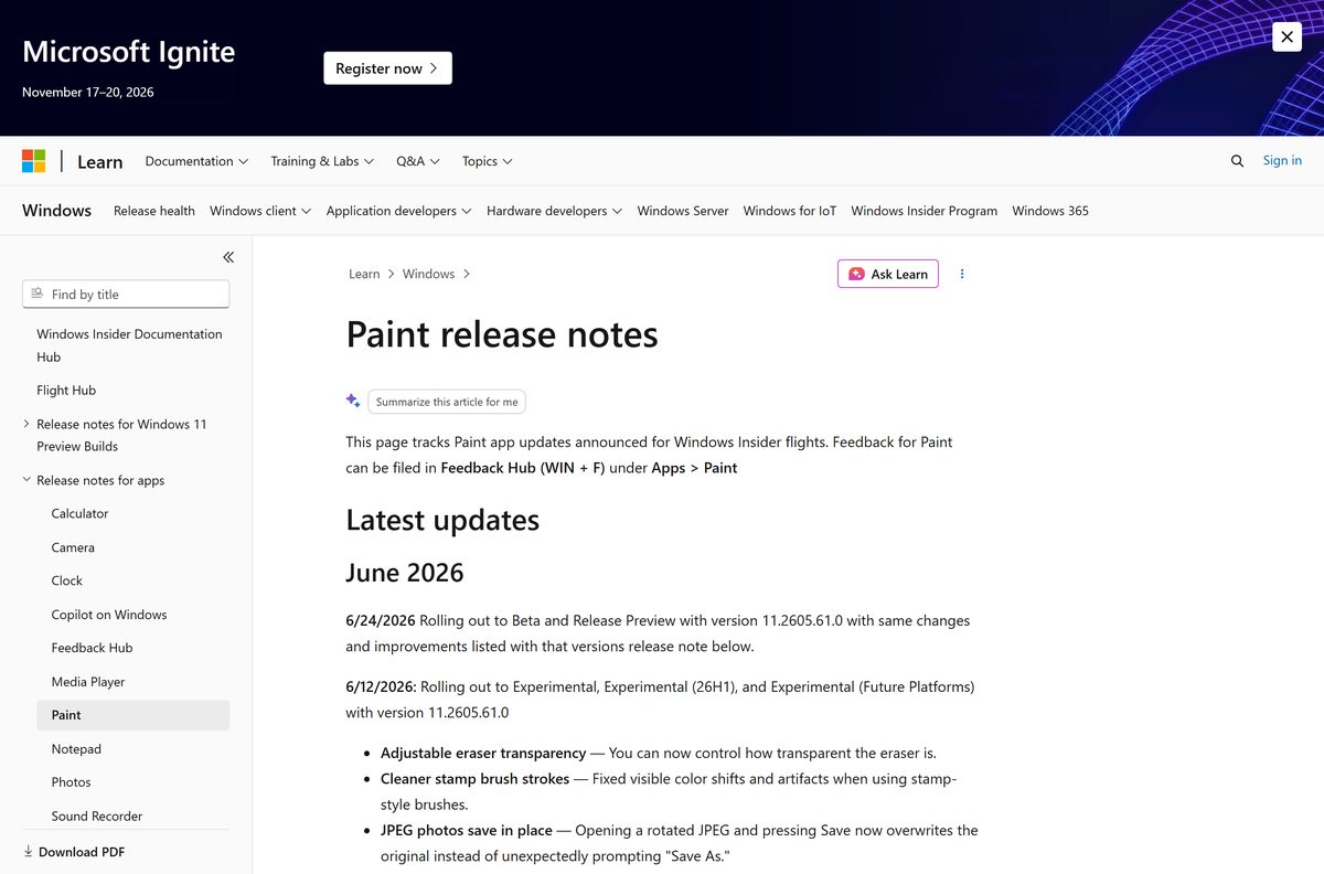 Paint release notes page listing recent fixes and changes