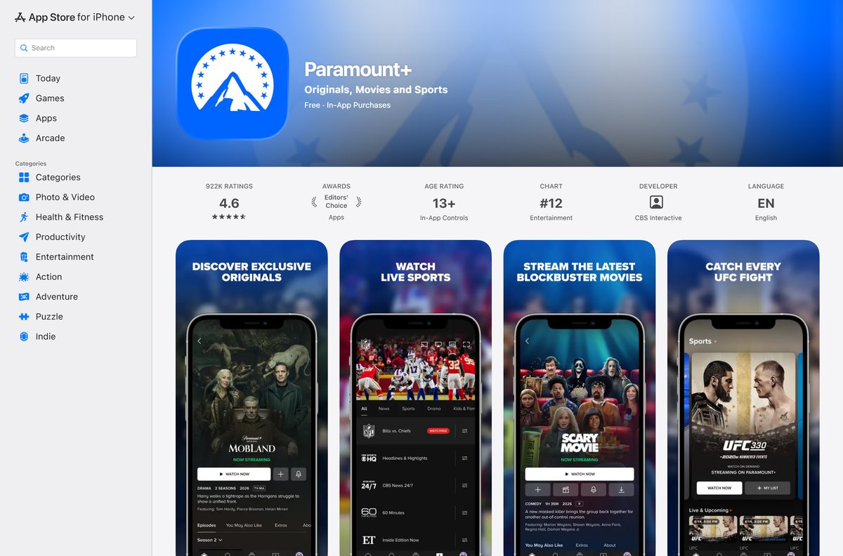 App Store page for Paramount+ showing size and device compatibility