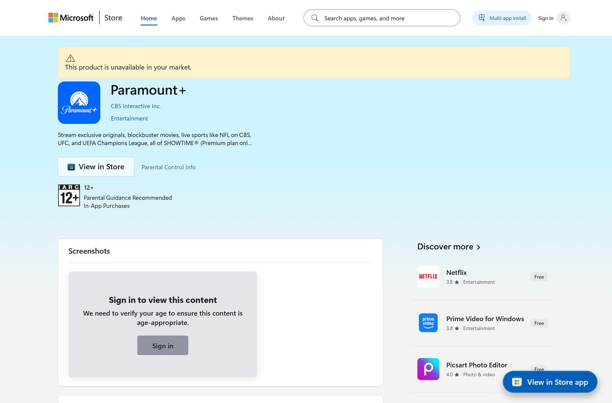 Microsoft Store listing for Paramount+ with its publisher and rating
