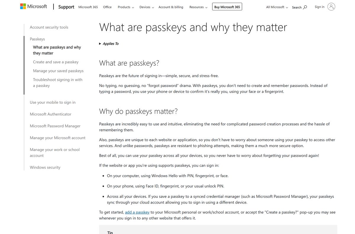 Support page explaining how passkeys work across Windows devices