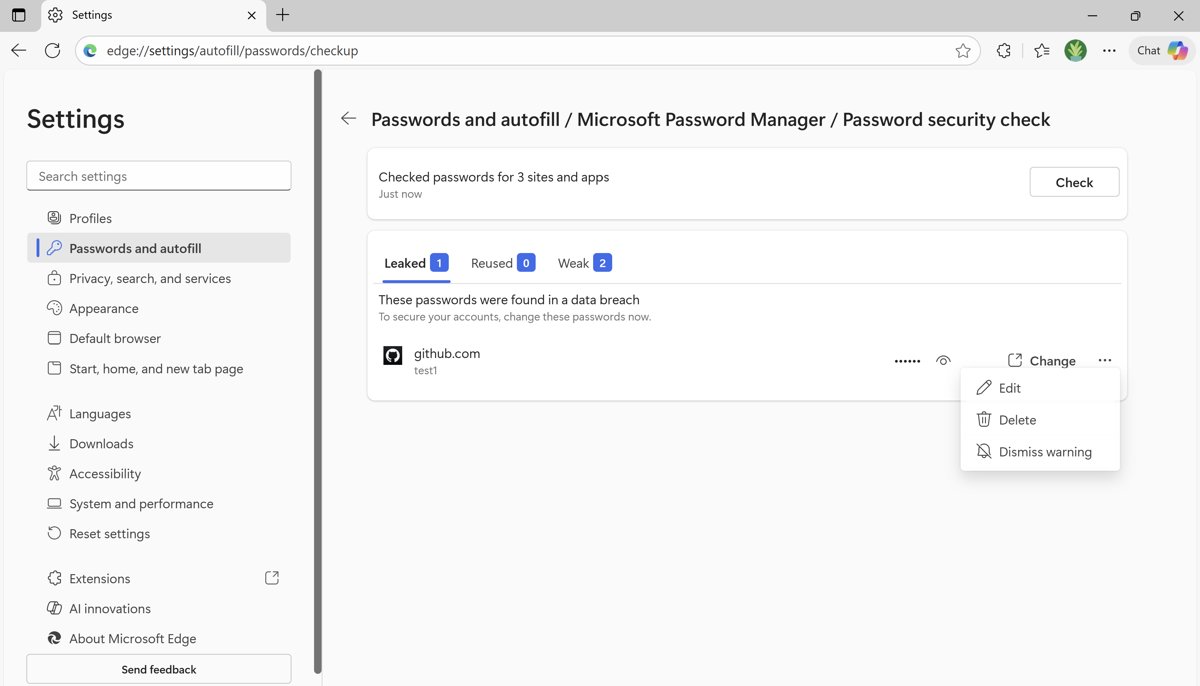 Password security check page listing a leaked password with Edit and Dismiss options