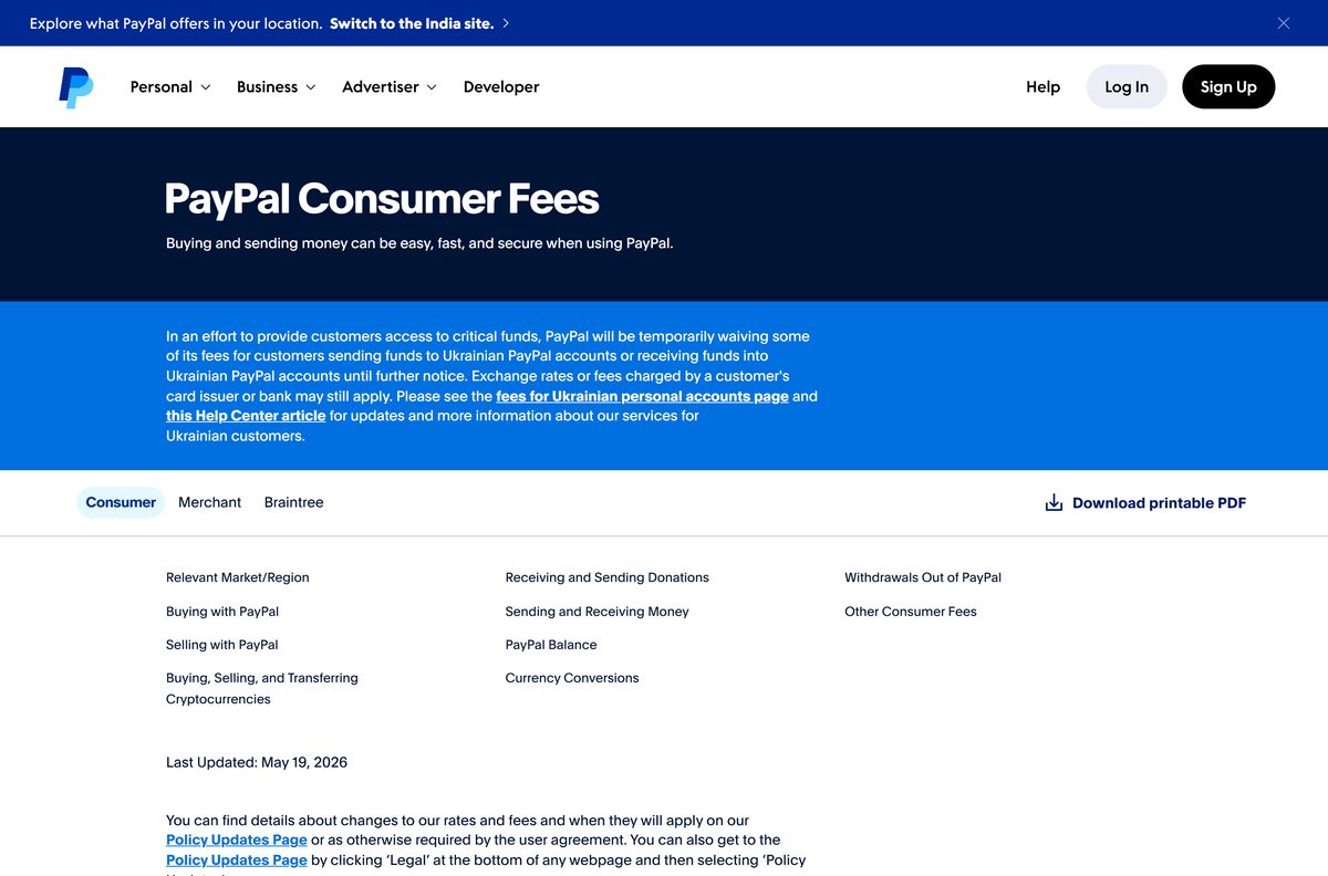 PayPal consumer fees table for personal payments in the United States