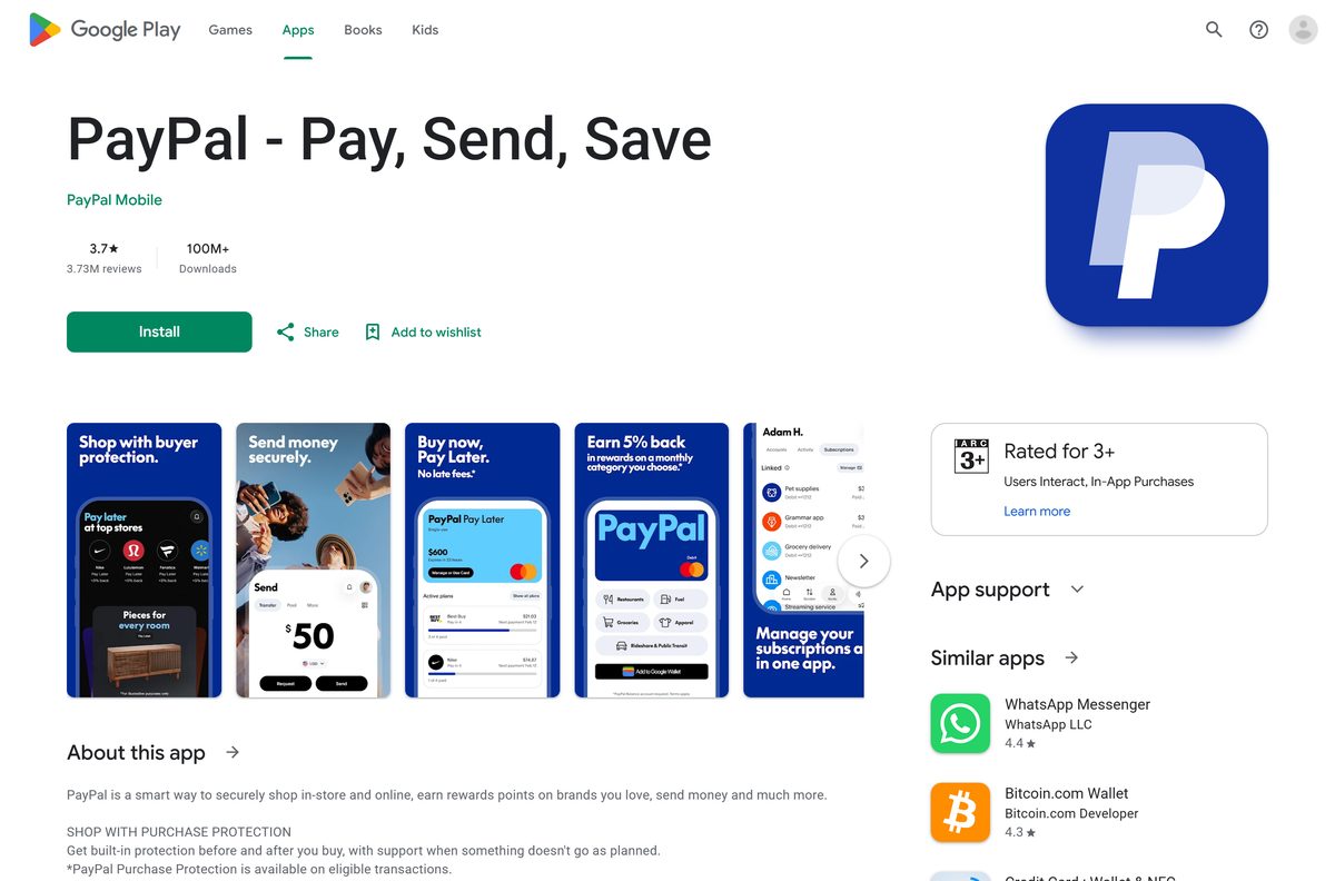 Google Play listing for PayPal with its developer and download count