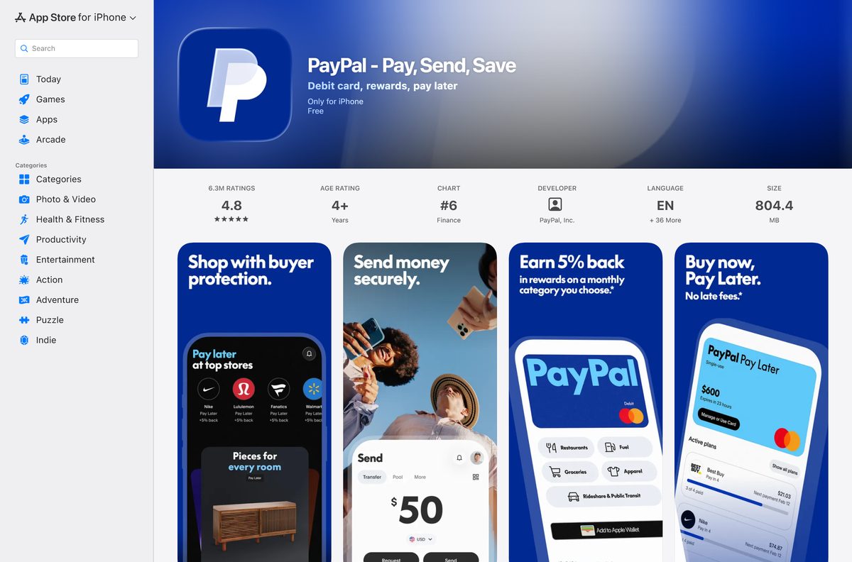 App Store listing for PayPal showing compatibility and size