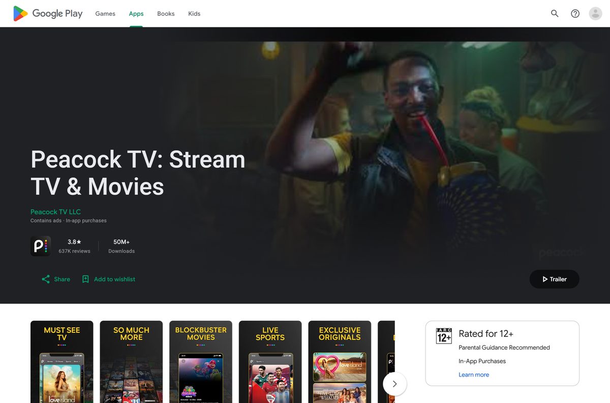 Google Play page for Peacock with its developer and install button