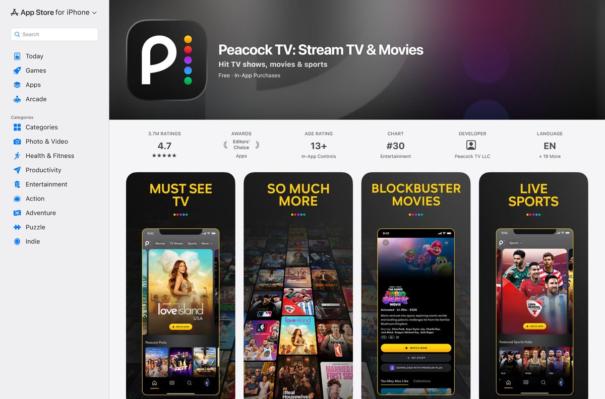 App Store page for Peacock showing size and device compatibility