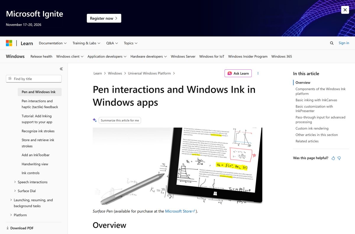 Microsoft Learn overview of pen input and the Windows Ink platform