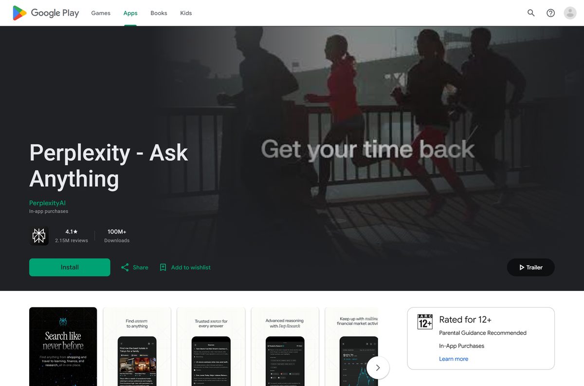 Google Play listing for Perplexity with reviews and download count