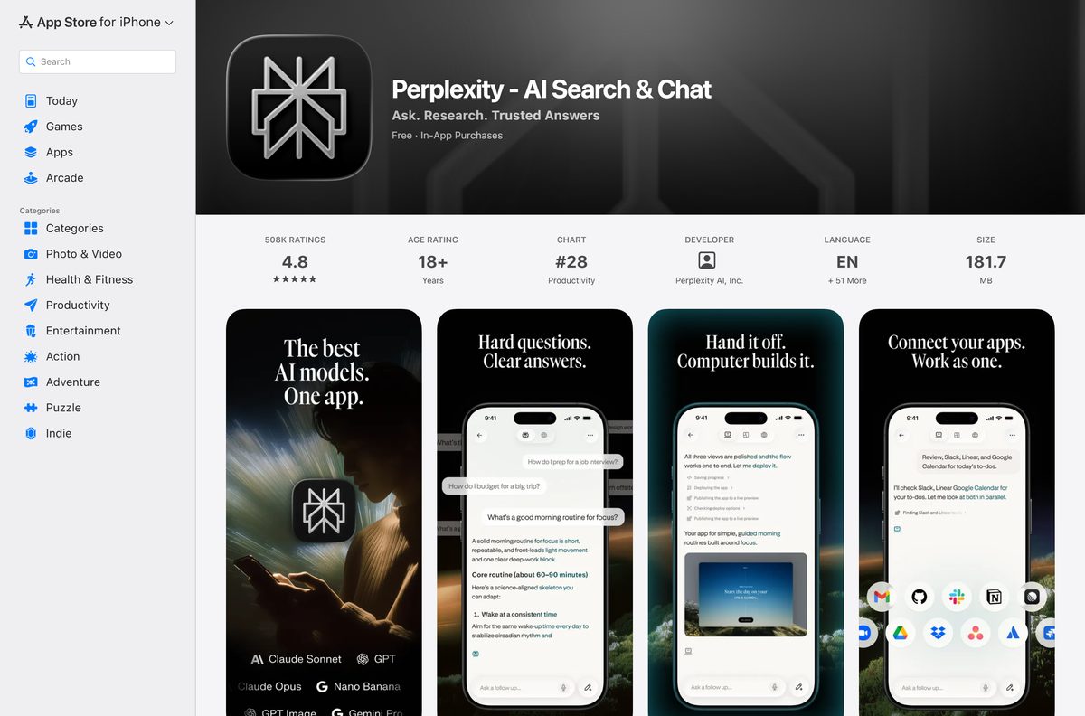 App Store listing for Perplexity with ratings and in-app purchases