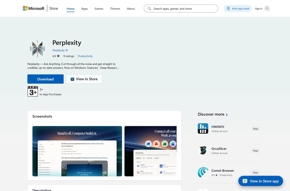 Microsoft Store listing for Perplexity with its publisher and Get button