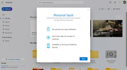 Personal Vault dialog listing its two-step verification and auto-lock features