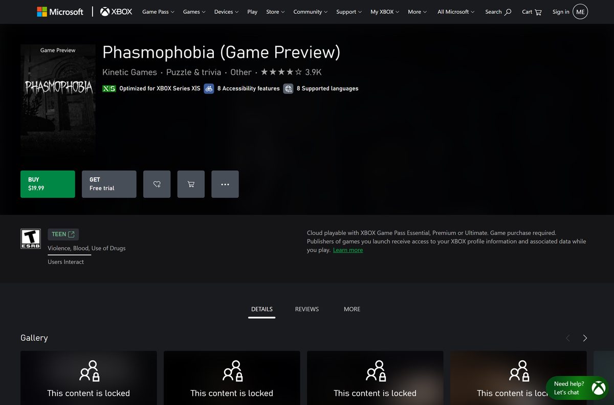 Xbox store listing for the Phasmophobia Game Preview