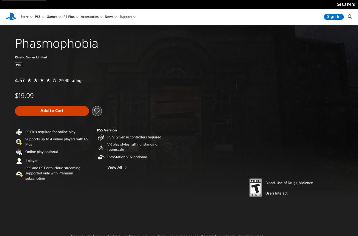 PlayStation page for Phasmophobia on PS5 with PS VR2 details
