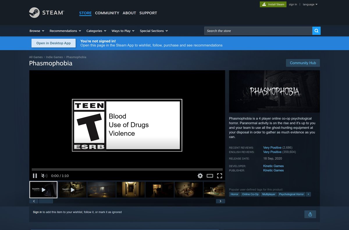 Steam store page for Phasmophobia with its Buy button