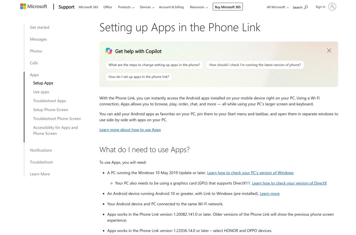 Phone Link Windows support page explaining how to set up Apps for Android phones
